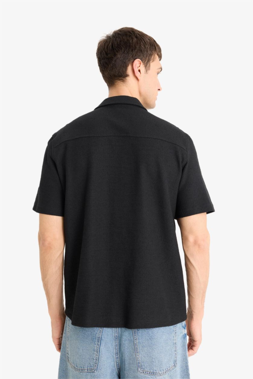 Erkek Siyah Relax Fit Yazlık Apaş Yaka Pamuklu Kısa Kollu Siyah Gömlek