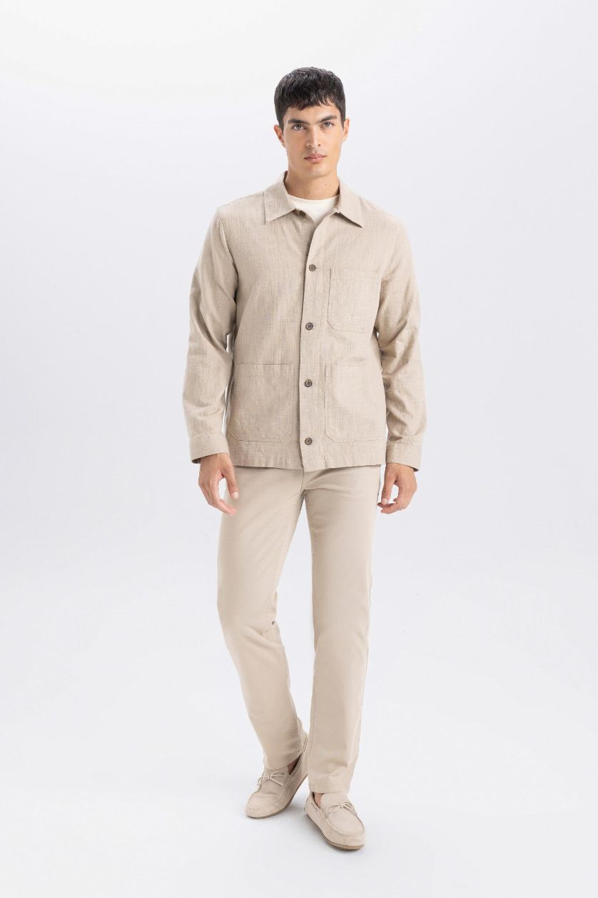 Erkek Bej Regular Fit Polo Yaka Pamuklu Cepli Gömlek