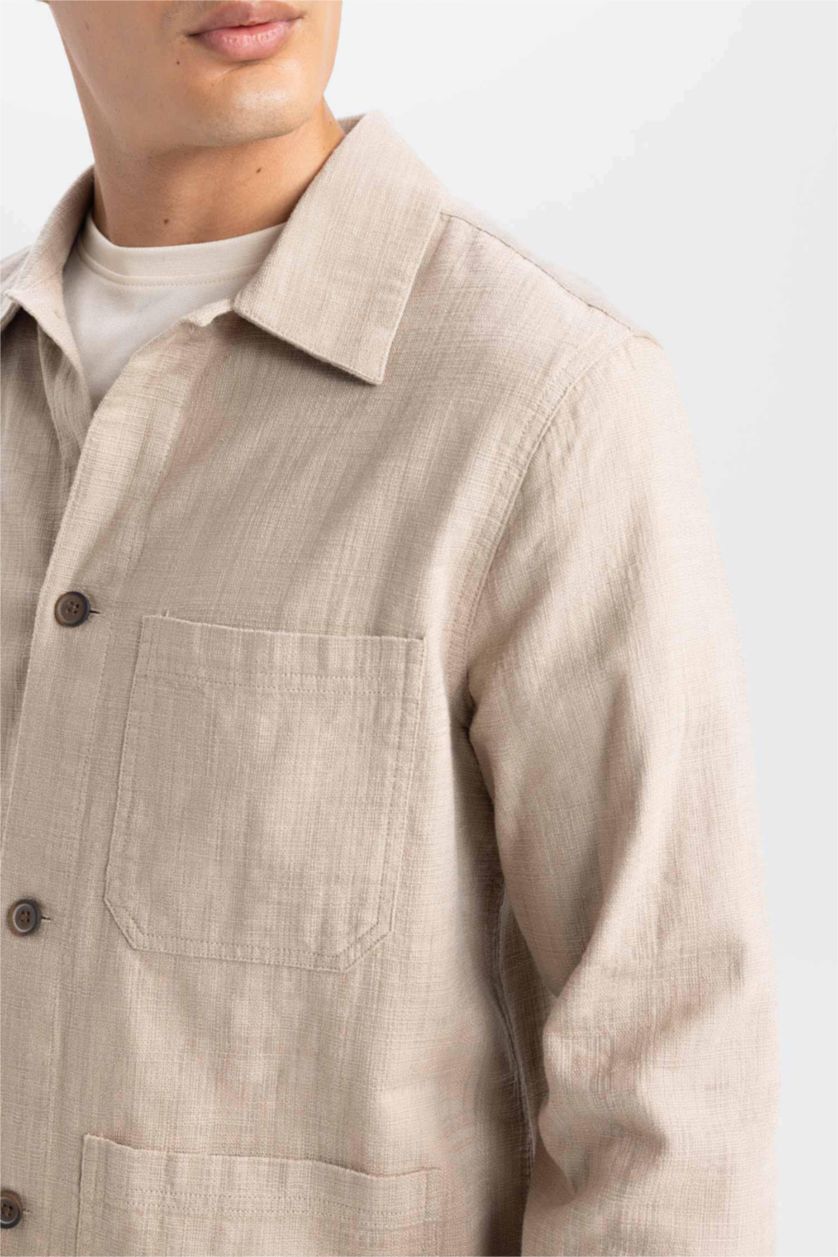 Erkek Bej Regular Fit Polo Yaka Pamuklu Cepli Gömlek