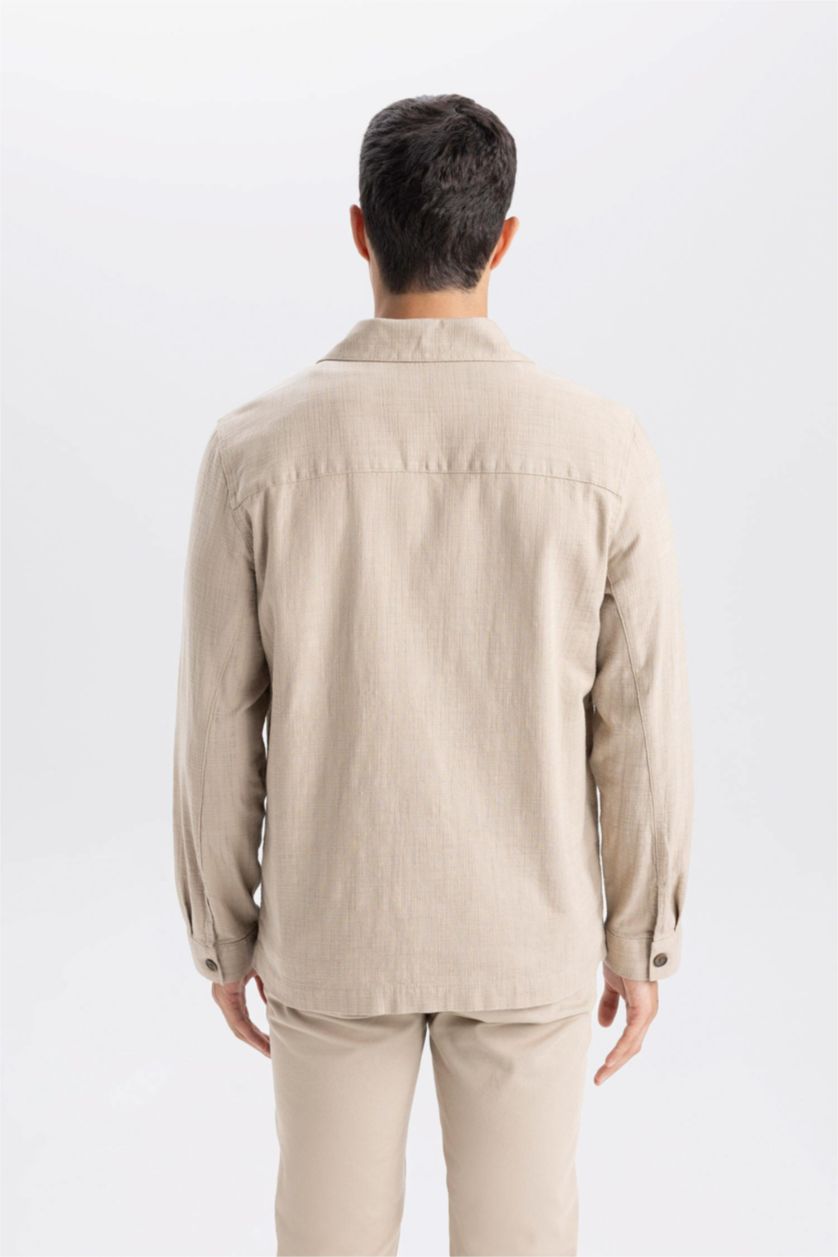 Erkek Bej Regular Fit Polo Yaka Pamuklu Cepli Gömlek