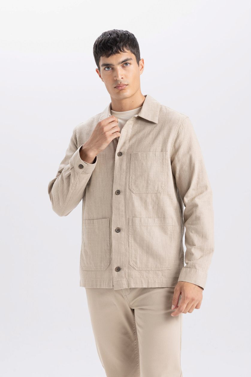 Erkek Bej Regular Fit Polo Yaka Pamuklu Cepli Gömlek