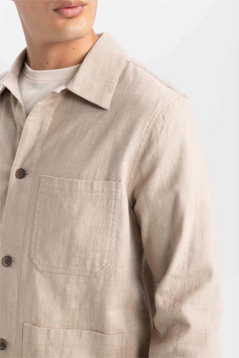 Erkek Bej Regular Fit Polo Yaka Pamuklu Cepli Gömlek