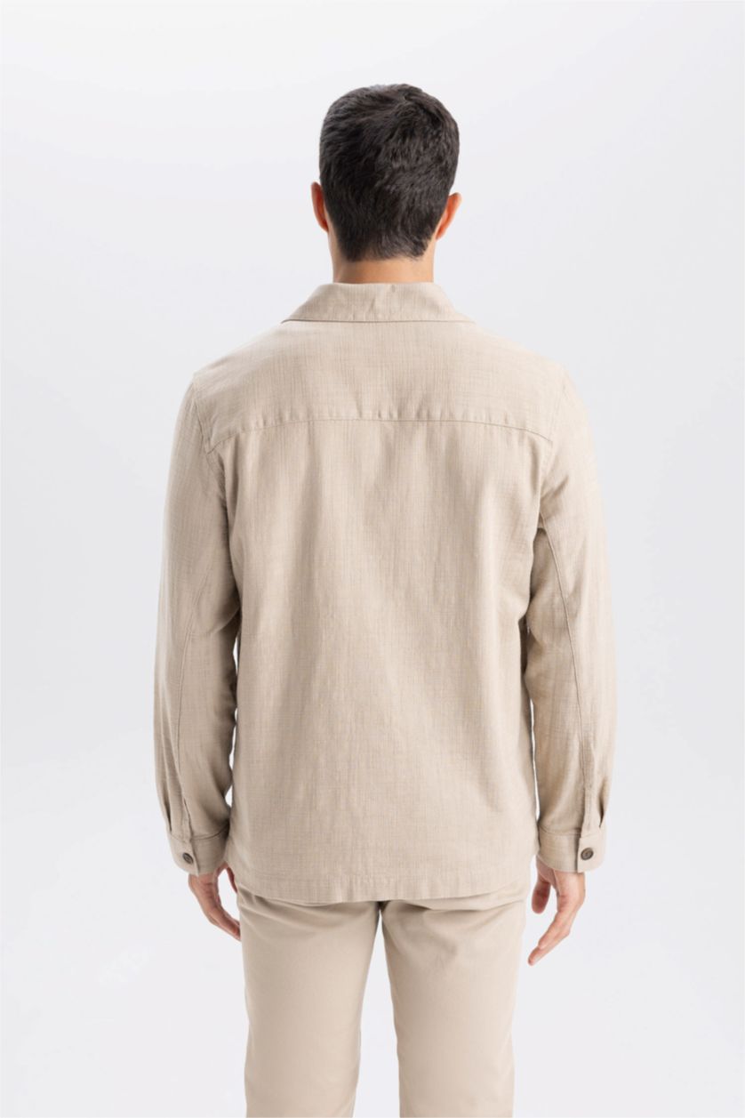 Erkek Bej Regular Fit Polo Yaka Pamuklu Cepli Gömlek