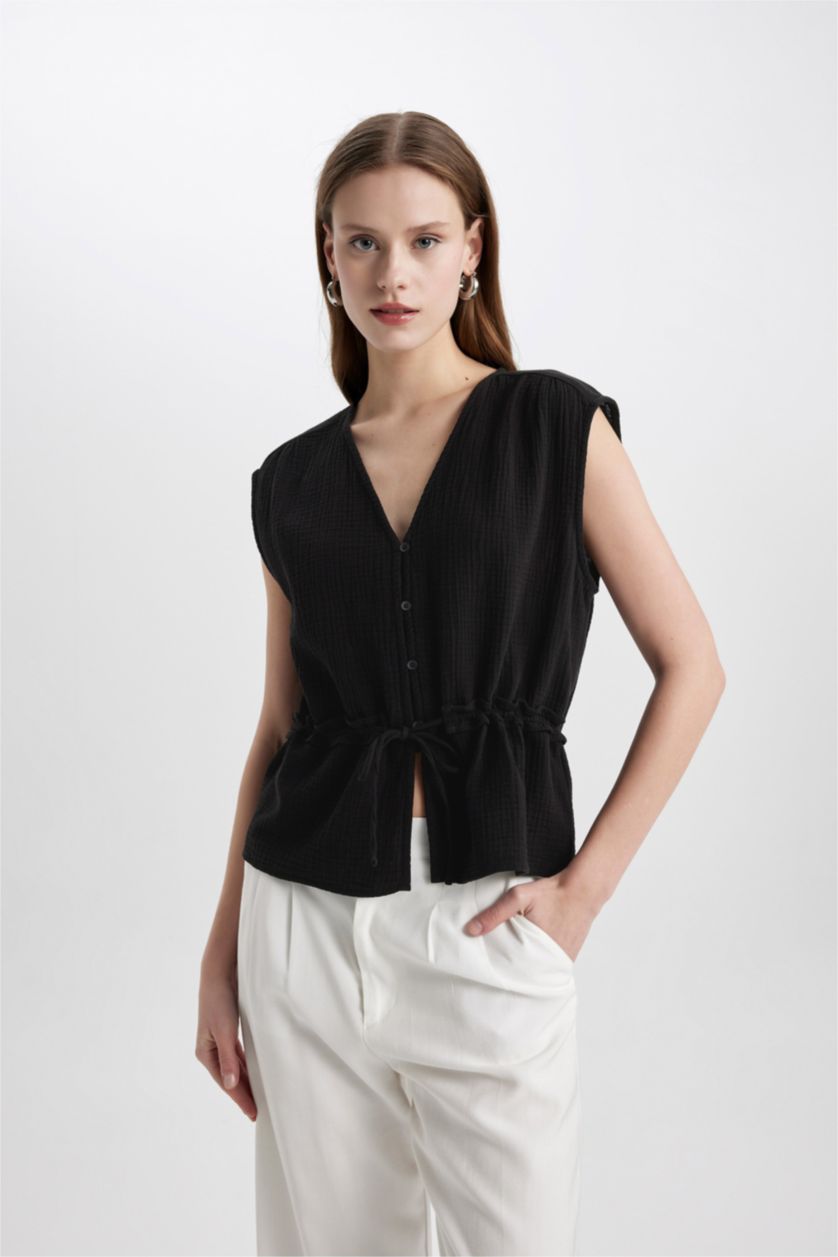 FEMME Noir Blouse Slim sans Manches à Col en V