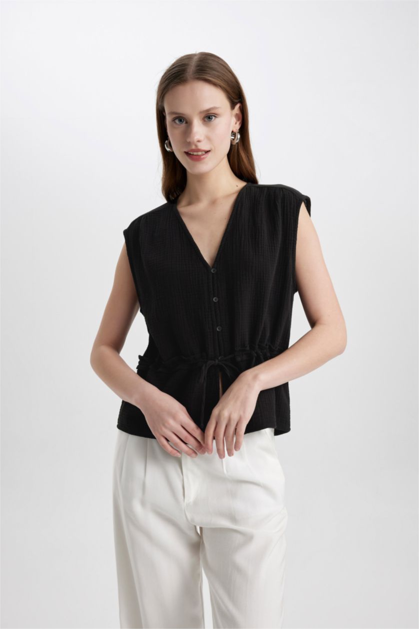 FEMME Noir Blouse Slim sans Manches à Col en V