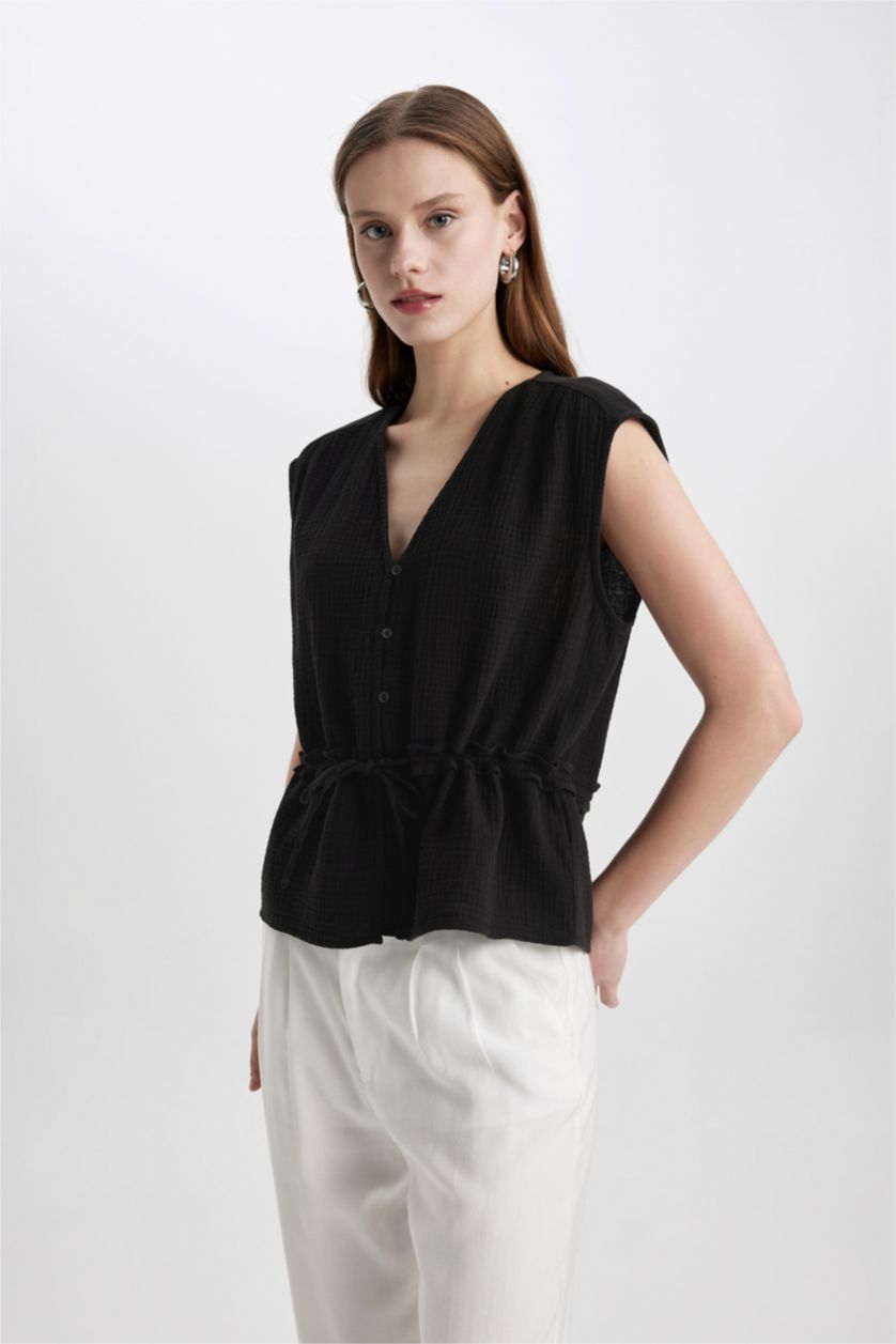 FEMME Noir Blouse Slim sans Manches à Col en V