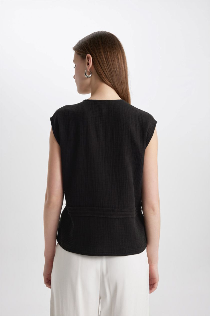 FEMME Noir Blouse Slim sans Manches à Col en V