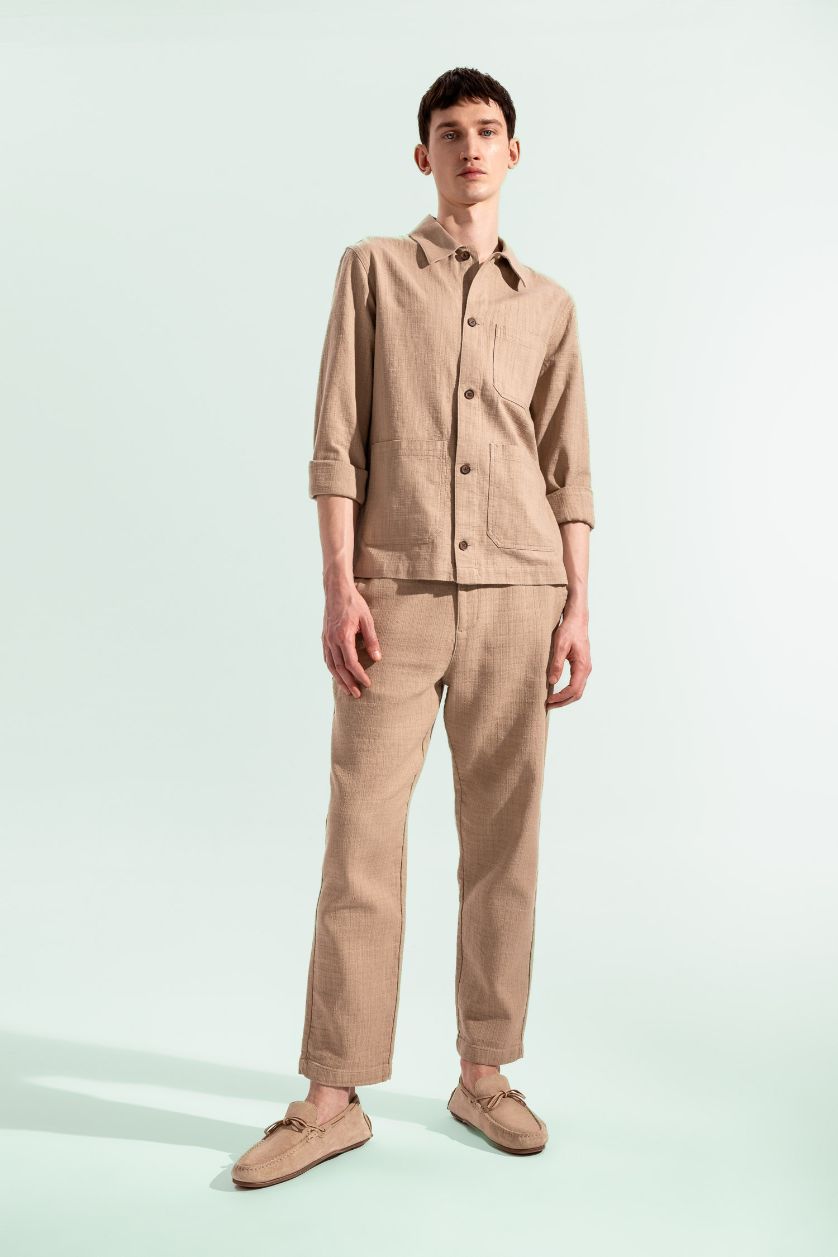 Man Beige Regular Fit Regular Hem Cotton Trousers