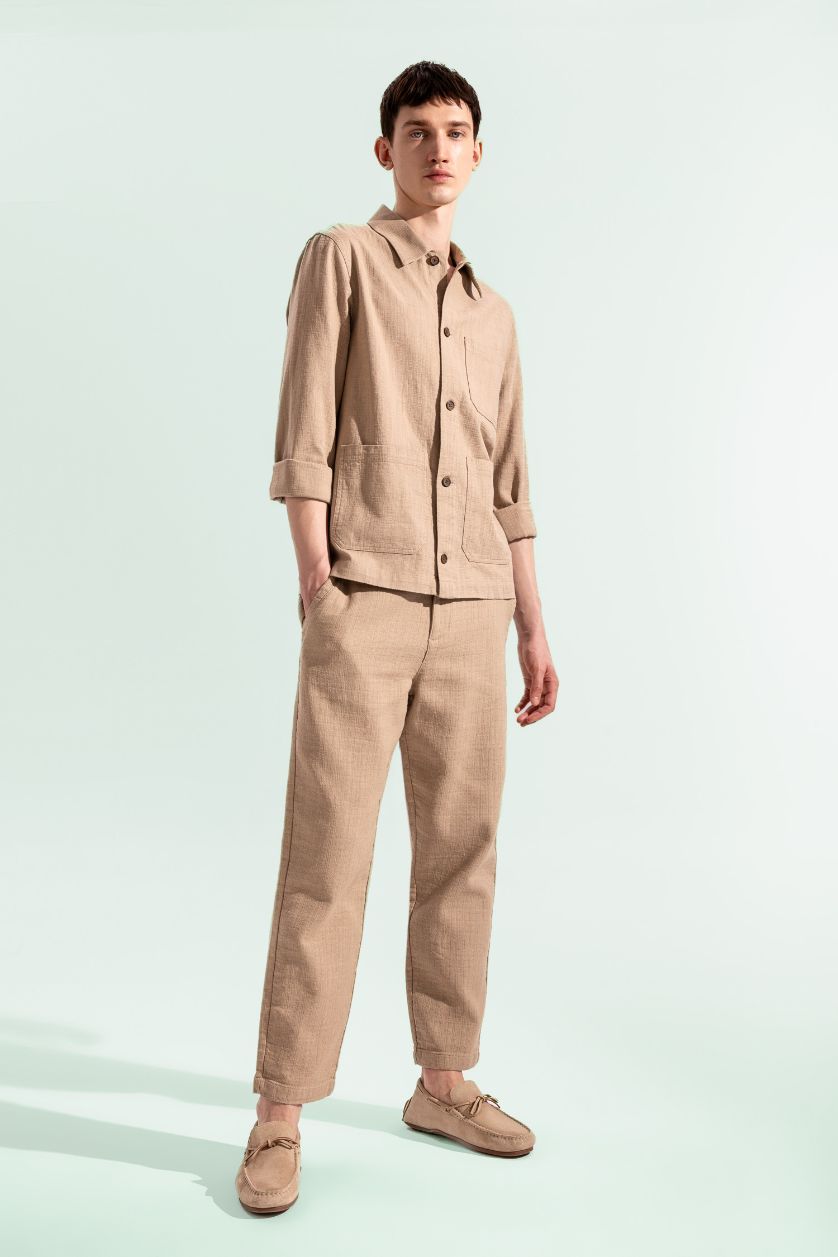 Man Beige Regular Fit Regular Hem Cotton Trousers