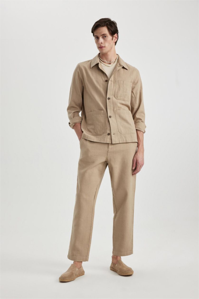 Man Beige Regular Fit Regular Hem Cotton Trousers