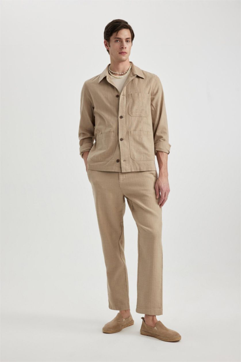 Man Beige Regular Fit Regular Hem Cotton Trousers