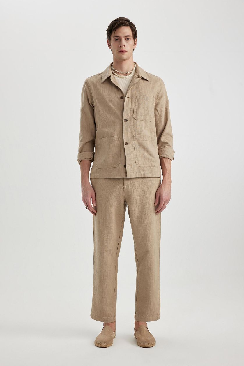 Man Beige Regular Fit Regular Hem Cotton Trousers