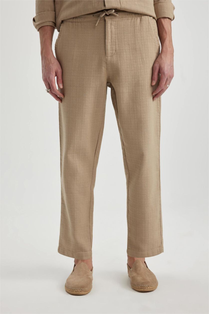 Man Beige Regular Fit Regular Hem Cotton Trousers