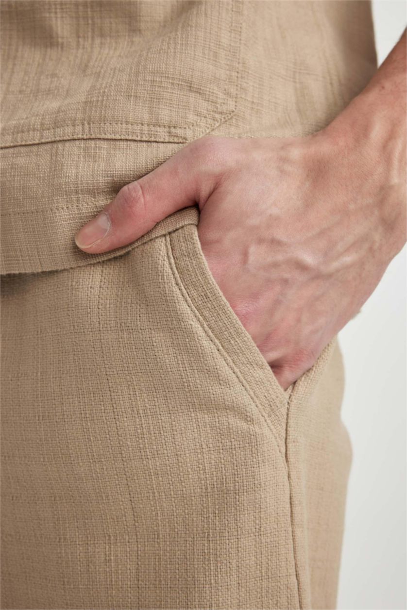 Man Beige Regular Fit Regular Hem Cotton Trousers