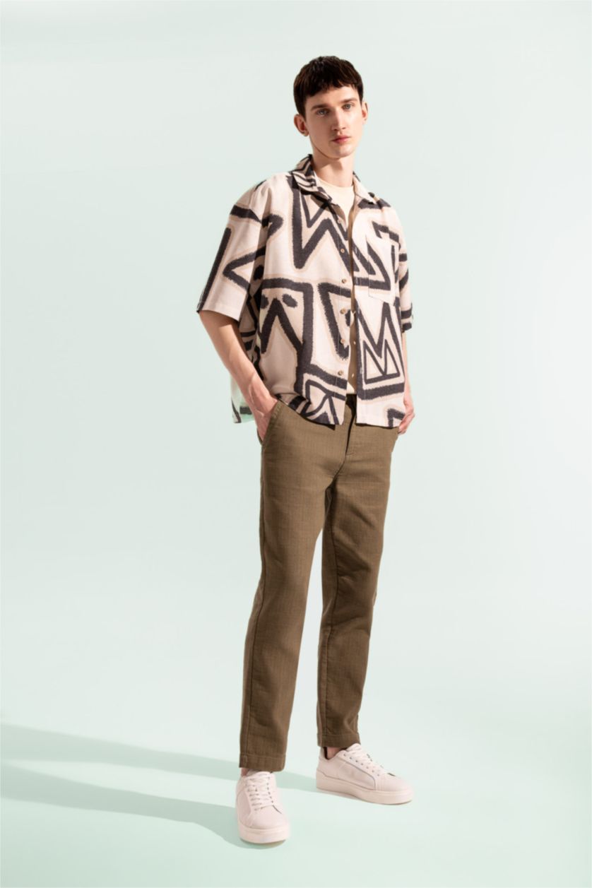 Erkek Açık Haki %100 Pamuk Yazlık Jogger Pantolon Regular Fit Normal Kesim Keten Görünümlü Düz Paça Cepli