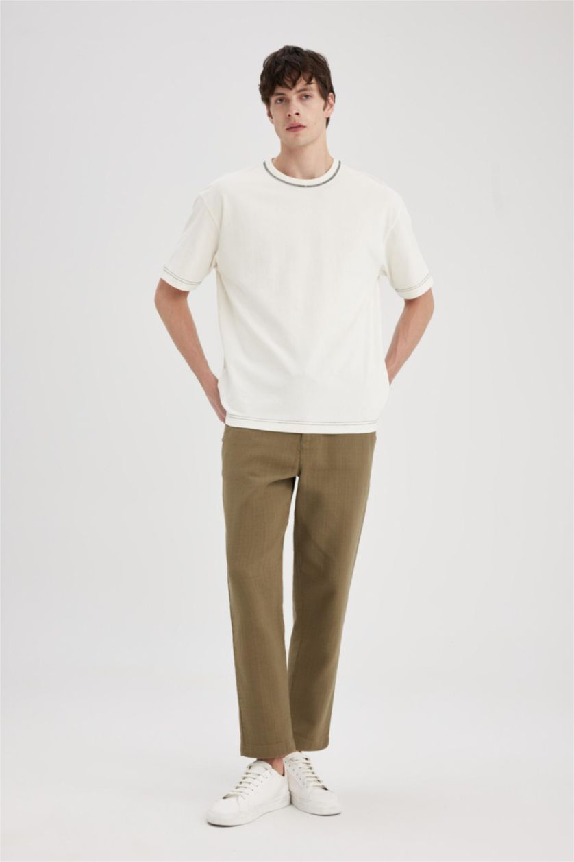 Erkek Açık Haki %100 Pamuk Yazlık Jogger Pantolon Regular Fit Normal Kesim Keten Görünümlü Düz Paça Cepli