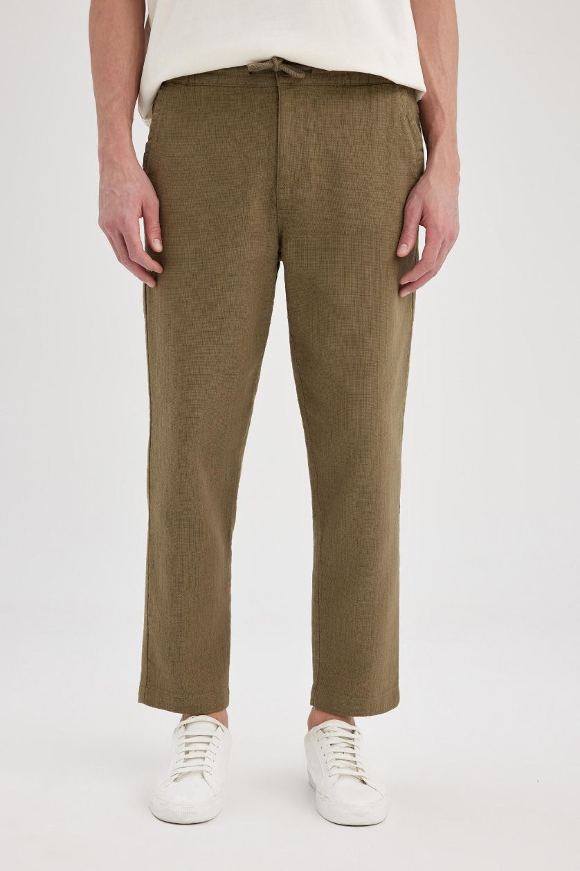 Erkek Açık Haki %100 Pamuk Yazlık Jogger Pantolon Regular Fit Normal Kesim Keten Görünümlü Düz Paça Cepli