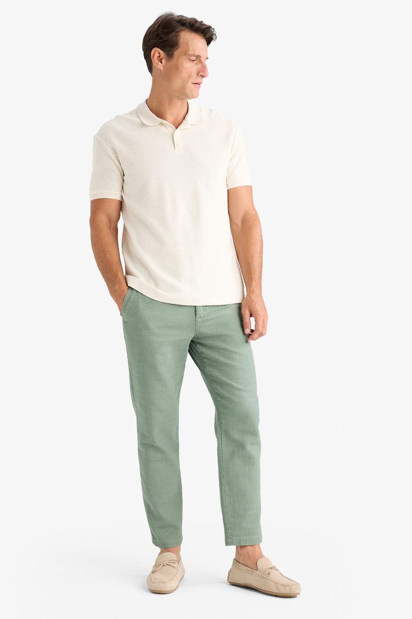 Erkek Açık Yeşil %100 Pamuk Yazlık Jogger Pantolon Regular Fit Normal Kesim Keten Görünümlü Düz Paça Cepli