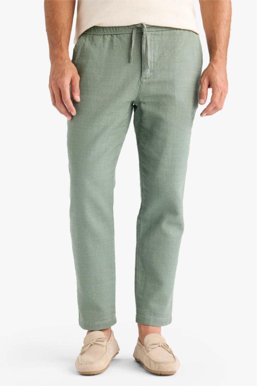 Erkek Açık Yeşil %100 Pamuk Yazlık Jogger Pantolon Regular Fit Normal Kesim Keten Görünümlü Düz Paça Cepli