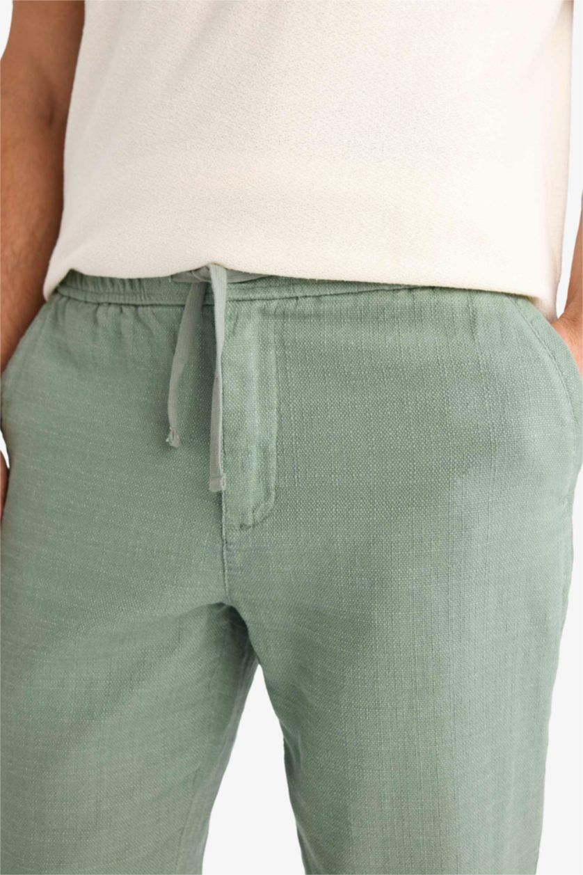 Erkek Açık Yeşil %100 Pamuk Yazlık Jogger Pantolon Regular Fit Normal Kesim Keten Görünümlü Düz Paça Cepli