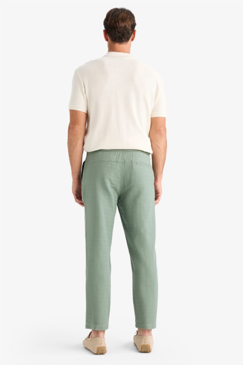 Erkek Açık Yeşil %100 Pamuk Yazlık Jogger Pantolon Regular Fit Normal Kesim Keten Görünümlü Düz Paça Cepli