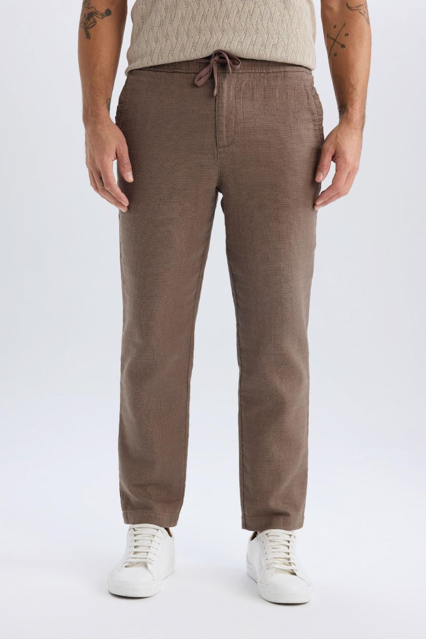 Erkek Meşe Yeşili %100 Pamuk Yazlık Jogger Pantolon Regular Fit Normal Kesim Keten Görünümlü Düz Paça Cepli