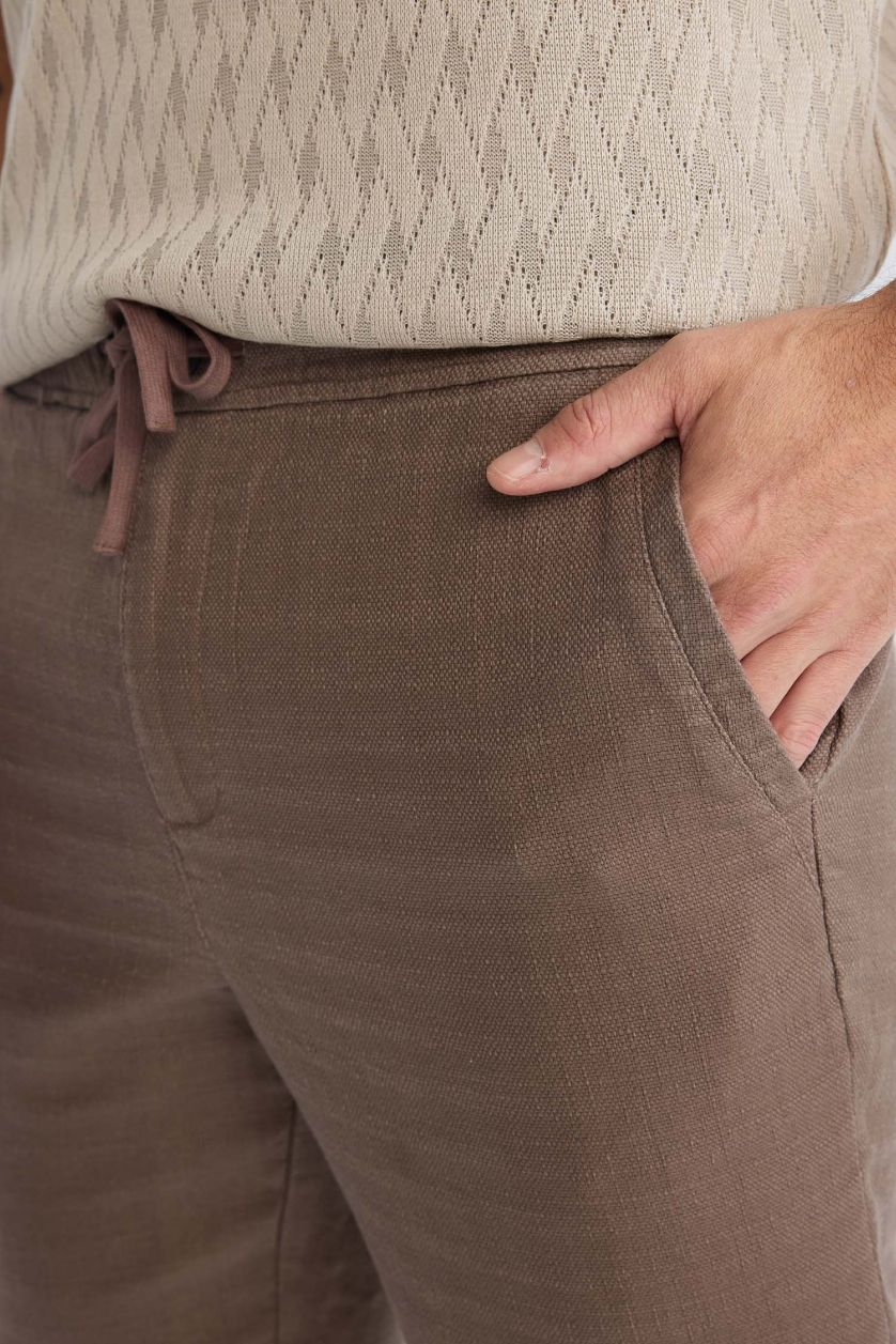 Erkek Meşe Yeşili %100 Pamuk Yazlık Jogger Pantolon Regular Fit Normal Kesim Keten Görünümlü Düz Paça Cepli