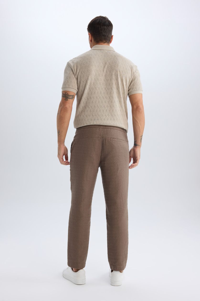 Erkek Meşe Yeşili %100 Pamuk Yazlık Jogger Pantolon Regular Fit Normal Kesim Keten Görünümlü Düz Paça Cepli