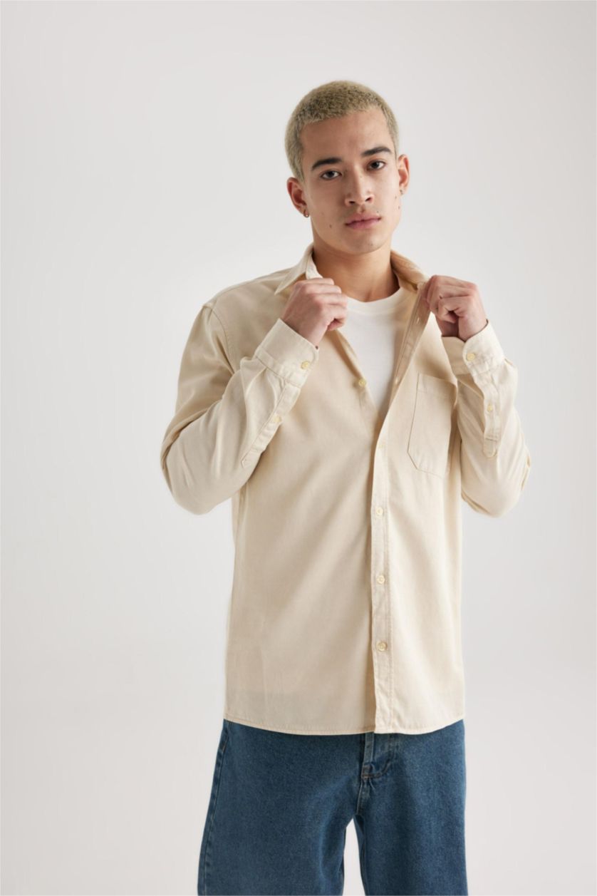 رجال بيج فاتح قميص بولو ردن طويل قصة عادية