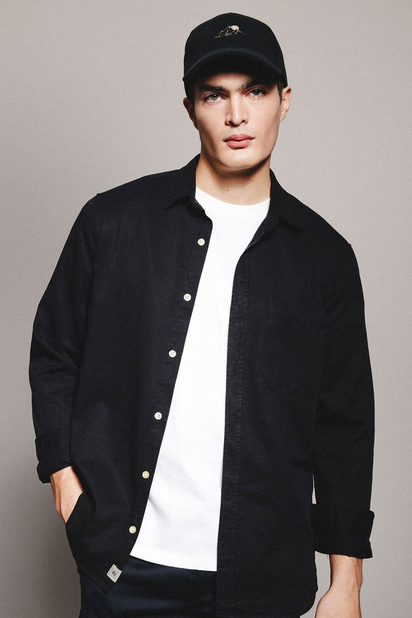 Erkek Siyah Regular Fit Polo Yaka Pamuklu Uzun Kollu Siyah Gömlek