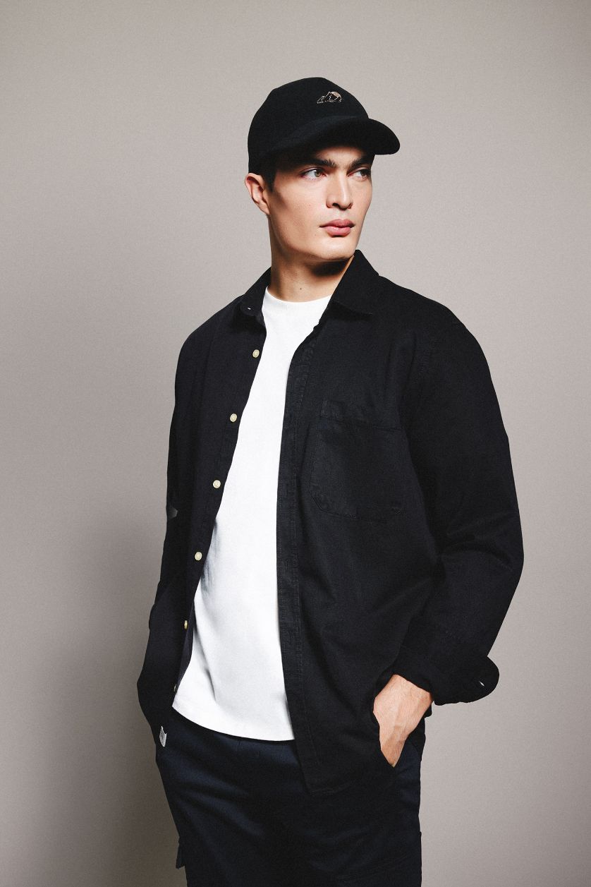 Erkek Siyah Regular Fit Polo Yaka Pamuklu Uzun Kollu Siyah Gömlek