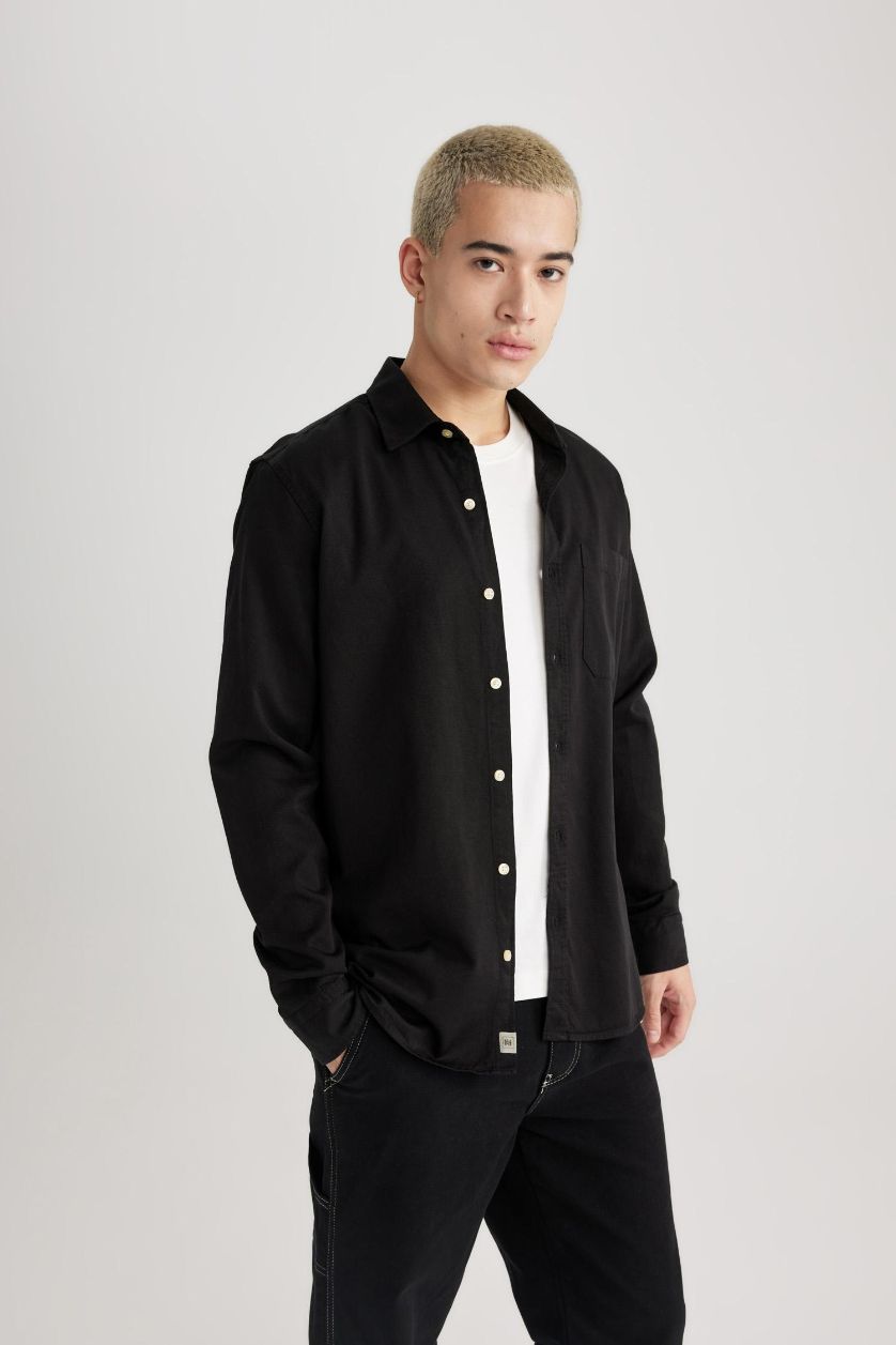 Erkek Siyah Regular Fit Polo Yaka Pamuklu Uzun Kollu Siyah Gömlek