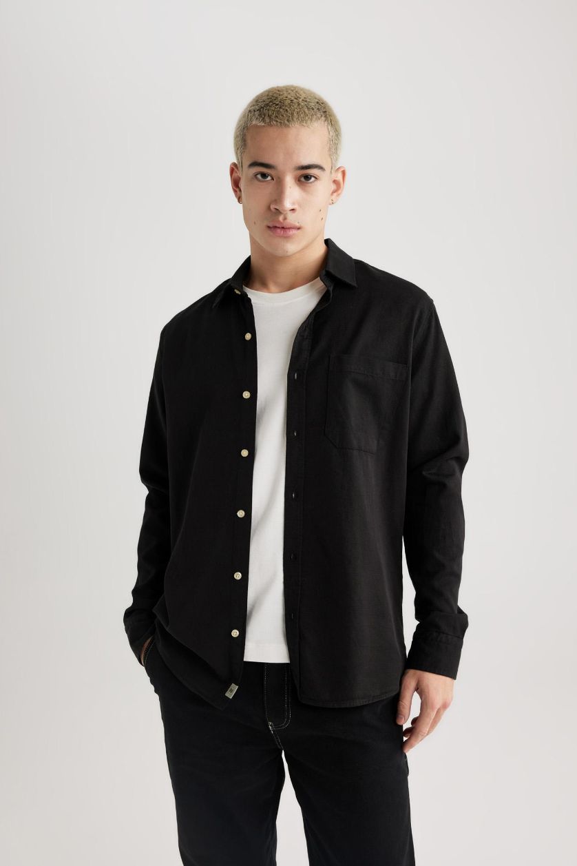 Erkek Siyah Regular Fit Polo Yaka Pamuklu Uzun Kollu Siyah Gömlek