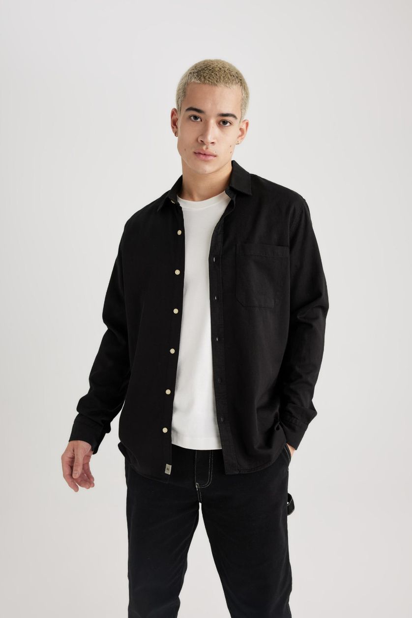 Erkek Siyah Regular Fit Polo Yaka Pamuklu Uzun Kollu Siyah Gömlek