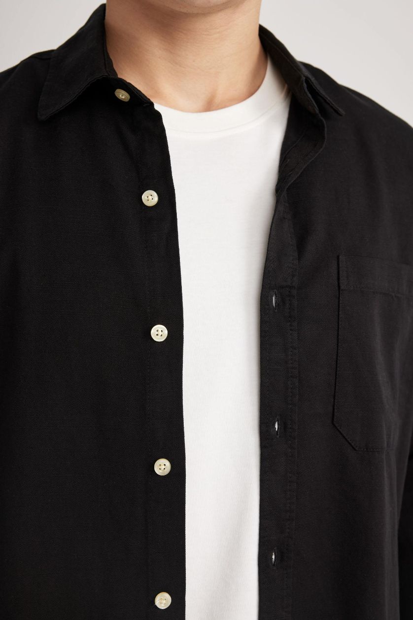 Erkek Siyah Regular Fit Polo Yaka Pamuklu Uzun Kollu Siyah Gömlek