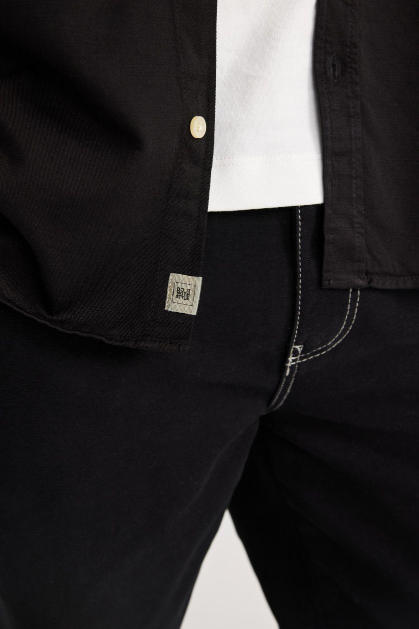 Erkek Siyah Regular Fit Polo Yaka Pamuklu Uzun Kollu Siyah Gömlek