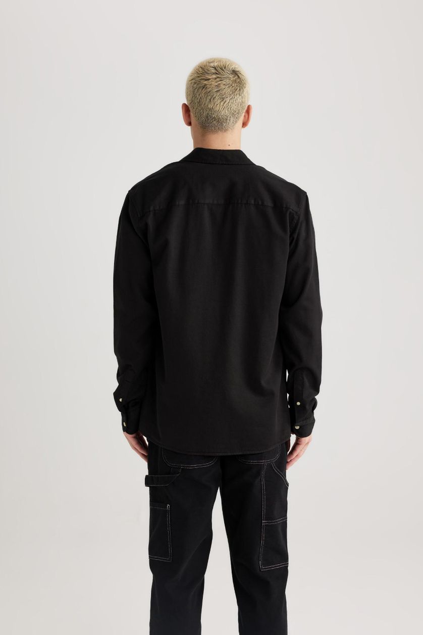 Erkek Siyah Regular Fit Polo Yaka Pamuklu Uzun Kollu Siyah Gömlek