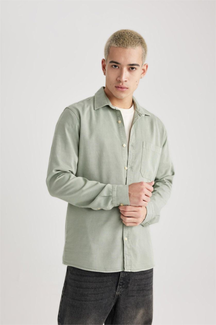 Erkek Açık Yeşil Regular Fit Polo Yaka Pamuklu Uzun Kollu Gömlek