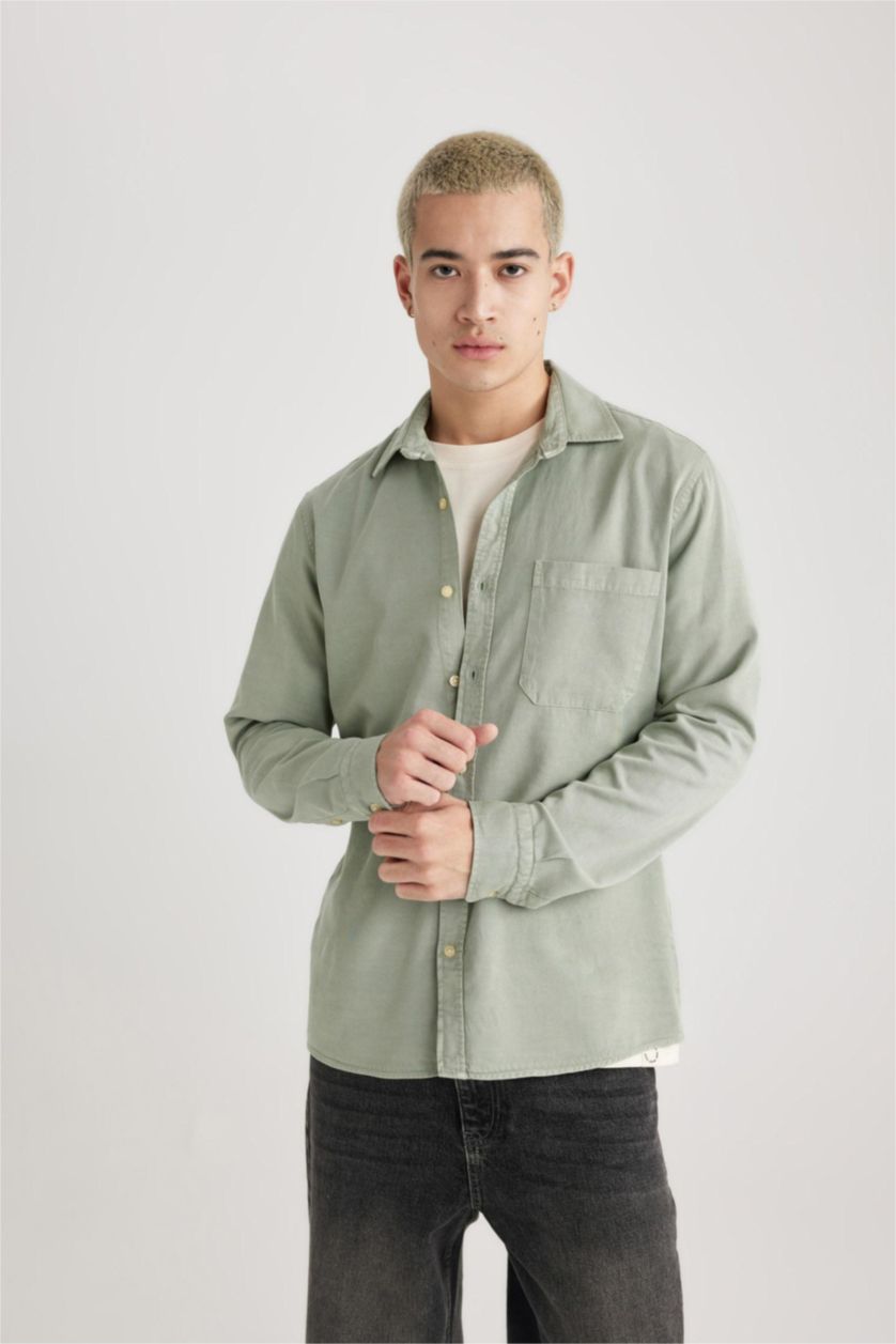 Erkek Açık Yeşil Regular Fit Polo Yaka Pamuklu Uzun Kollu Gömlek