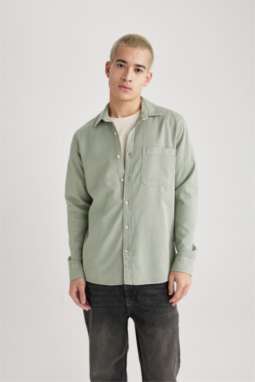Erkek Açık Yeşil Regular Fit Polo Yaka Pamuklu Uzun Kollu Gömlek