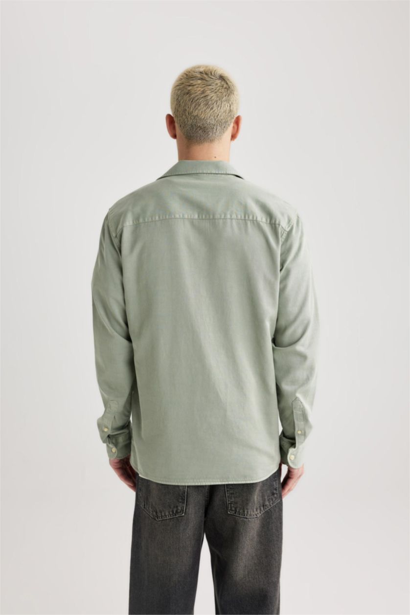 Erkek Açık Yeşil Regular Fit Polo Yaka Pamuklu Uzun Kollu Gömlek