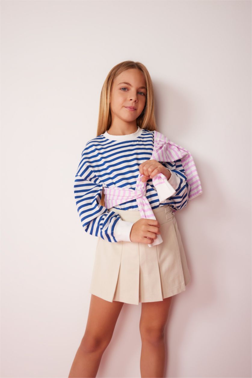 GIRLS & TEENS Dark Blue Girl Crew Neck Striped Cotton Long Sleeve T-Shirt