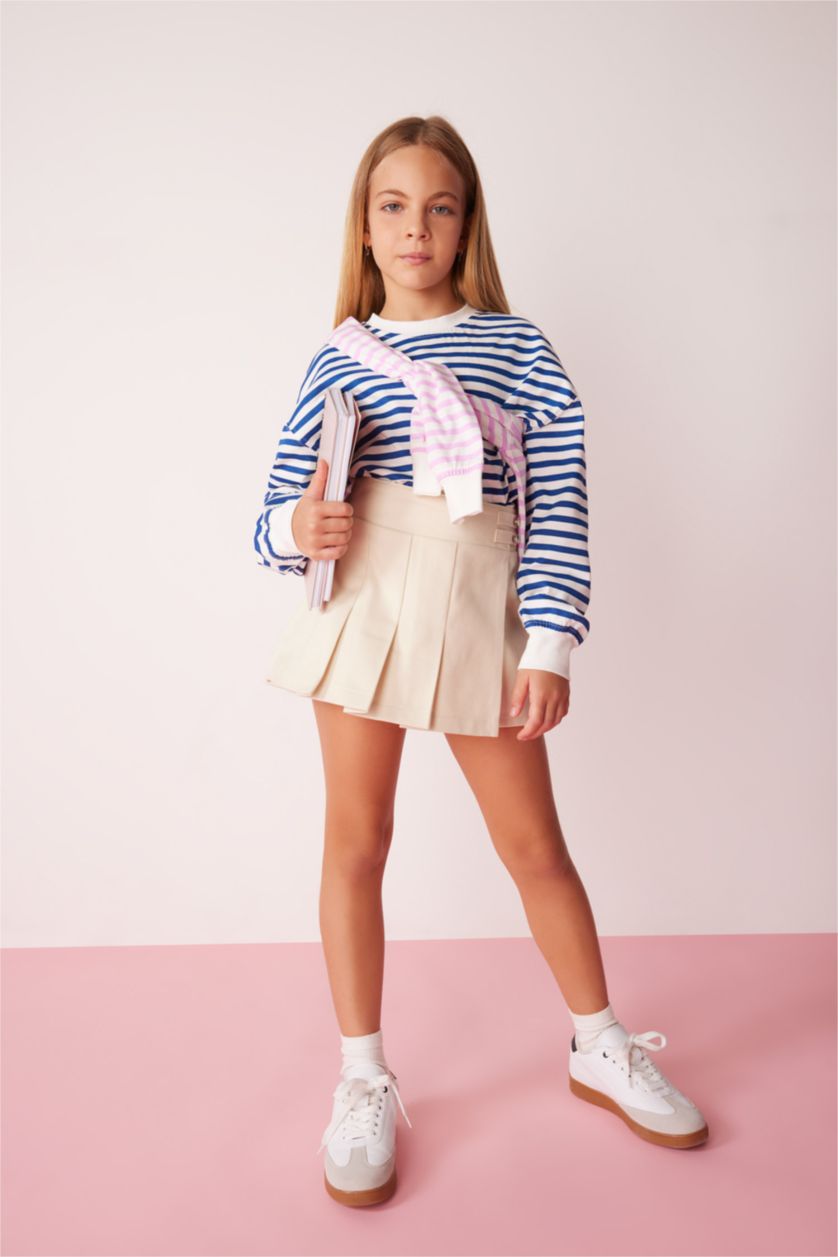 GIRLS & TEENS Dark Blue Girl Crew Neck Striped Cotton Long Sleeve T-Shirt