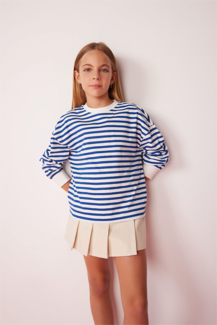 GIRLS & TEENS Dark Blue Girl Crew Neck Striped Cotton Long Sleeve T-Shirt