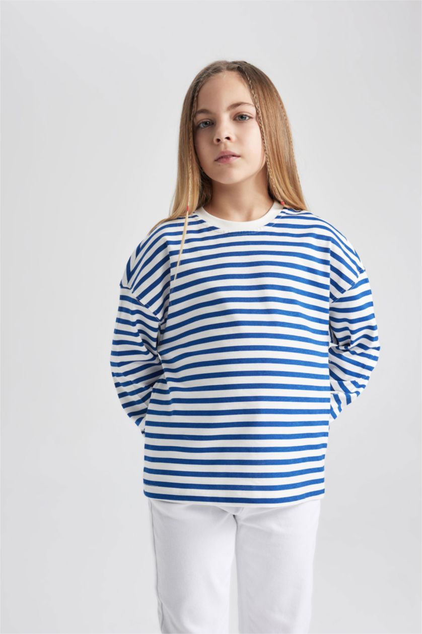 GIRLS & TEENS Dark Blue Girl Crew Neck Striped Cotton Long Sleeve T-Shirt