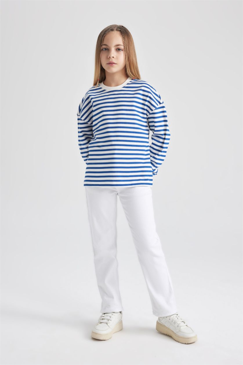 GIRLS & TEENS Dark Blue Girl Crew Neck Striped Cotton Long Sleeve T-Shirt