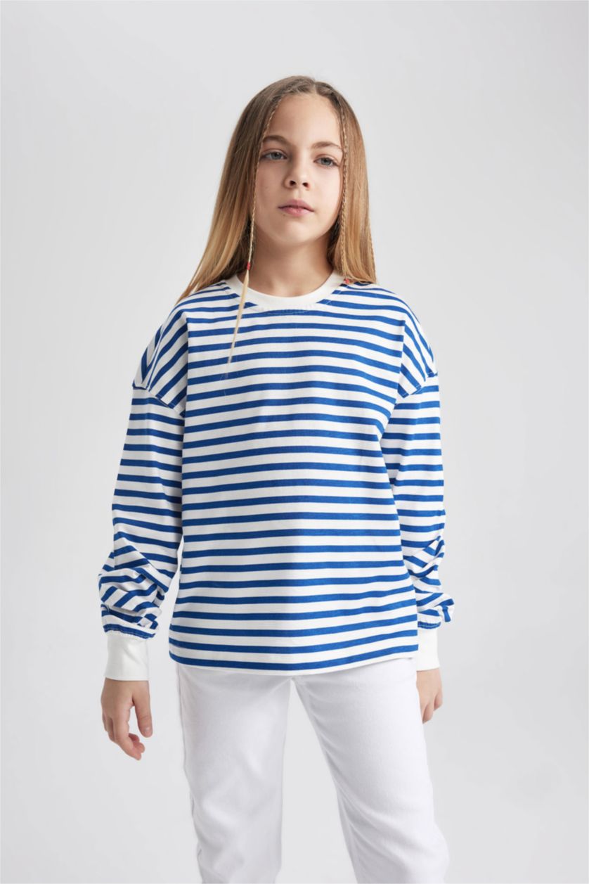 GIRLS & TEENS Dark Blue Girl Crew Neck Striped Cotton Long Sleeve T-Shirt