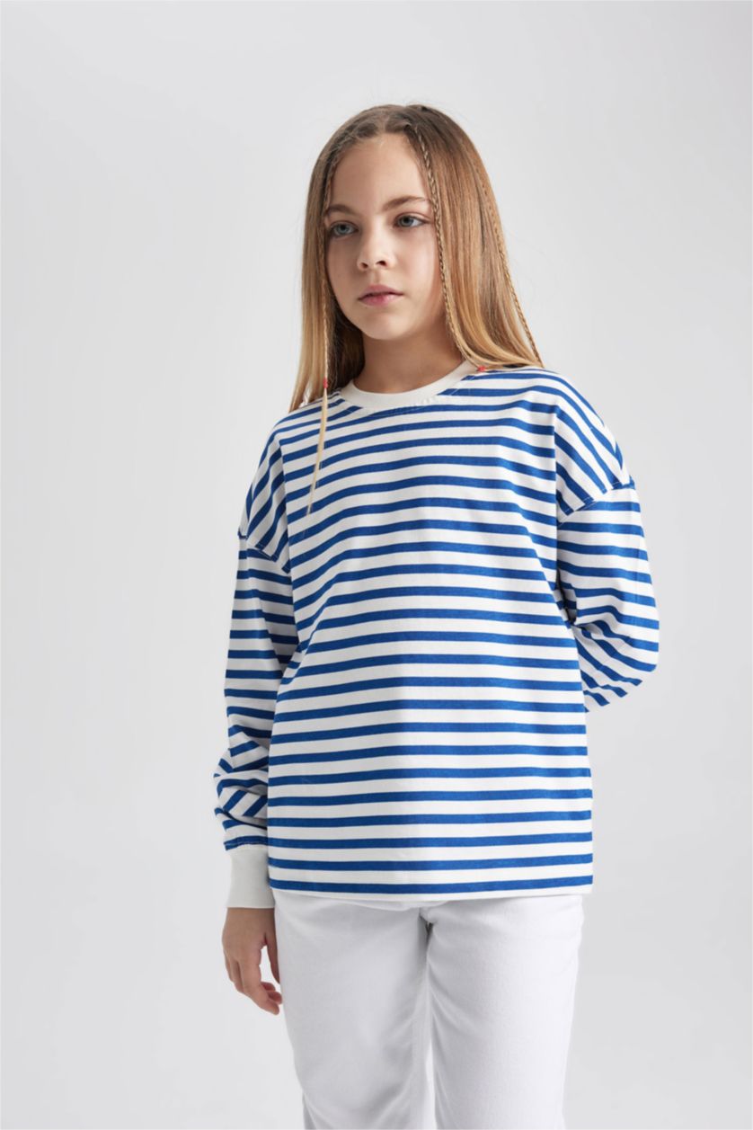 GIRLS & TEENS Dark Blue Girl Crew Neck Striped Cotton Long Sleeve T-Shirt