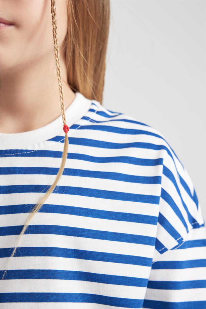 GIRLS & TEENS Dark Blue Girl Crew Neck Striped Cotton Long Sleeve T-Shirt