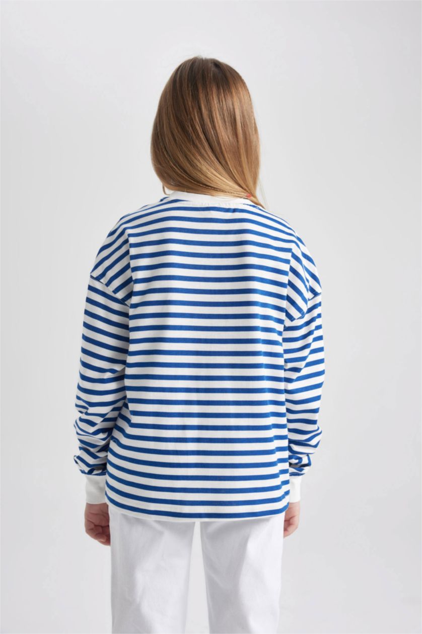 GIRLS & TEENS Dark Blue Girl Crew Neck Striped Cotton Long Sleeve T-Shirt